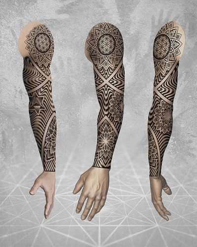 Tatuagem de Manga Completa com Mandalas e Ilusão de Ótica