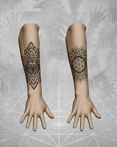 Tatuagens nos Antebraços com Mandalas com Flor da Vida e Urna Marajoara